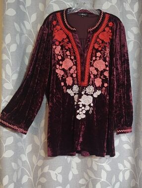 ANDREE BY UNIT Velvet Embroidered Tunic - Wine, Red, Blush